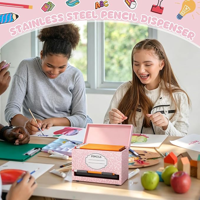 Yalikop 1 Pc Wooden Pencil Dispenser for Classroom Pastel Wood Pencils Holder for up to 200 Pencils Reusable Straw Dispenser for Home Office Teachers Supplies Storage (Notebook,Pink)