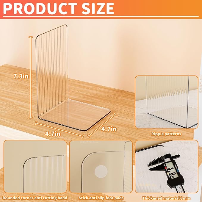 SUOXING 4 PCS Clear Acrylic Bookends for Shelves Decorative,Invisible Book Stopper with Non-Slip Mats for Heavy Books,Small Acrylic Book Ends for Home Office School Supplies and Kids Bookshelf