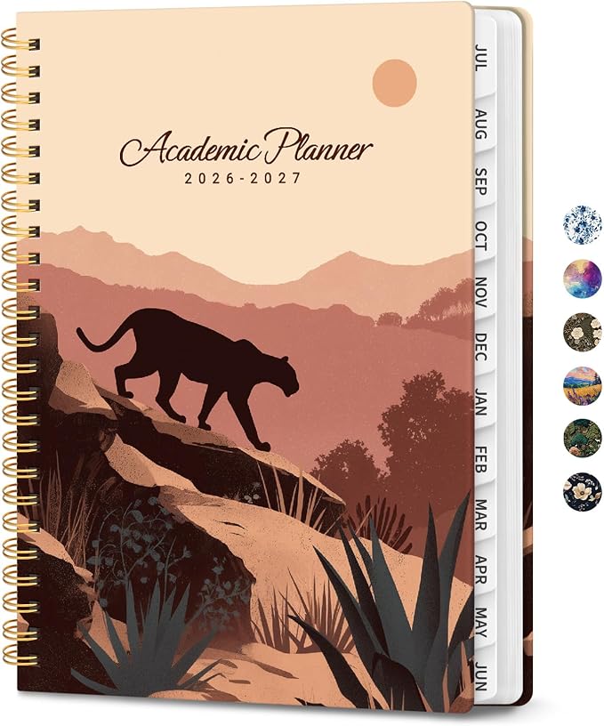 Planner 2026–2027, Academic Planner Weekly and Monthly Calendar Jul 2026 – Jun 2027 Hardcover Planner with Tabs and Pocket, Spiral Bound Agenda Book for Student & Teacher, 6.3" x 8.5", Desert Panther