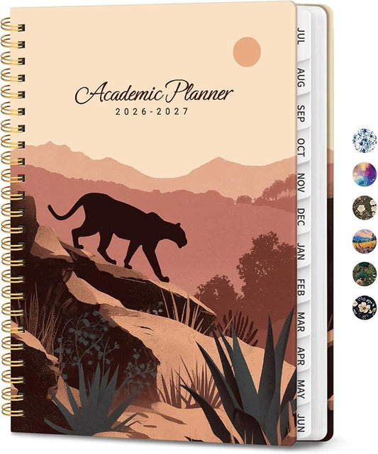 Planner 2026–2027, Academic Planner Weekly and Monthly Calendar Jul 2026 – Jun 2027 Hardcover Planner with Tabs and Pocket, Spiral Bound Agenda Book for Student & Teacher, 6.3" x 8.5", Desert Panther