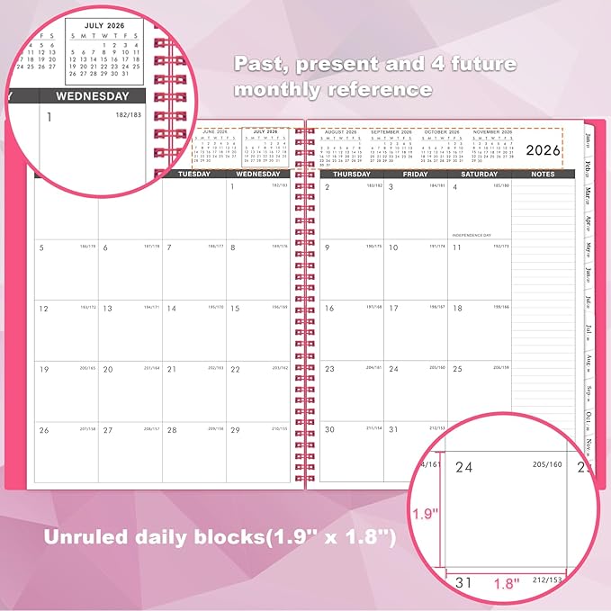 2026-2027 Monthly Planner - JUL 2026 - DEC 2027 Monthly Planner/Calendar 2026, 18 Month Planners with Tabs & Pocket & Label, Contacts and Passwords, 9" x 11", Thick Paper, Twin-Wire Binding - Rose Red