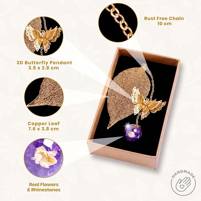 Teacher Appreciation Gifts for Women - Metal Leaf Bookmark with 3D Butterfly Charm – Mother’s Day Gifts for Mom, Thank You Gifts, Book Lover Gift Under 10 Dollars, Gift Box Included