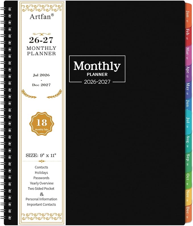 Monthly Planner 2026-2027 - Academic Planner 2026-2027, JUL. 2026 - DEC. 2027, Calendar planner with Colorful Tabs, 8.5" x 11", 26-27 Monthly planner/Calendar with Pocket, Thick Paper, Twin-Wire Binding - Black