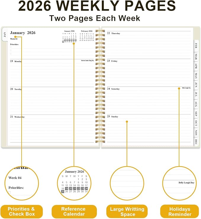 2026 Planner - Weekly and Monthly Planner from Jan 2026 - Dec 2026, Spiral Planning 2026 with 12-Month Tabs, Inner Pocket, 8.5" x 11", Beige