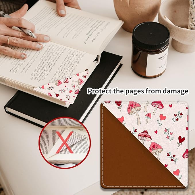 Cute Leather Bookmarks, Fun Triangle Making Corner Bookmark, Book Accessories for Reading Book Lovers, Unbreakable Page Markers for Women Men Cute Pink Mushroom