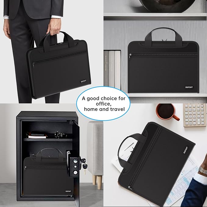 ENGPOW Document Organizer Folder, Fireproof Expanding File Folder with Multi Pockets, 3 Pockets File Organizer with Handle, Portable Home Travel Safe Storage for Important Documents, Passport, Laptop