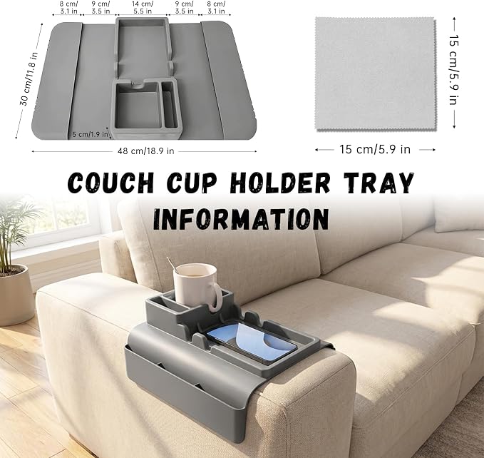 2PCS Couch Cup Holder Tray, Silicone Sofa Armrest Tray with Side Pockets, Anti-Slip Couch Arm Organizer Storage for Cell-Phone Tablet or Snack Remotes (Gray)