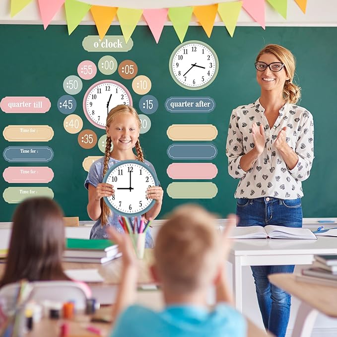 Boho Rainbow Clock Numbers Bulletin Board Decorations Classroom Decoration Analog Practice Telling Time Clock Cutouts School Teaching Clock for Kids Students Elementary Teacher Supplies