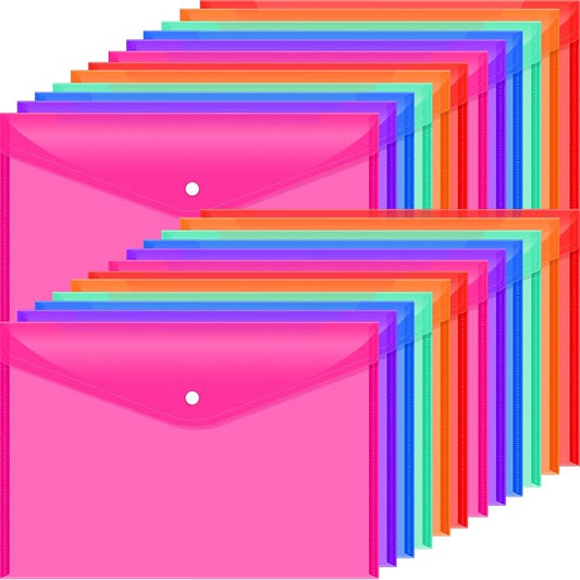 24pcs Plastic Filing Envelopes with Snap Button Closure ，Clear Document Folders for Letter A4 Size Files ，Poly Folders，for School and Office Supplies（6Color）