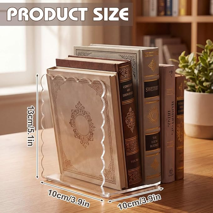 4 Pcs Scalloped Acrylic Bookends Clear Book Ends for Shelve Transparent Bookend Organizer Decorative Non Slip Book Holders for School Library Office Cd File Video Games