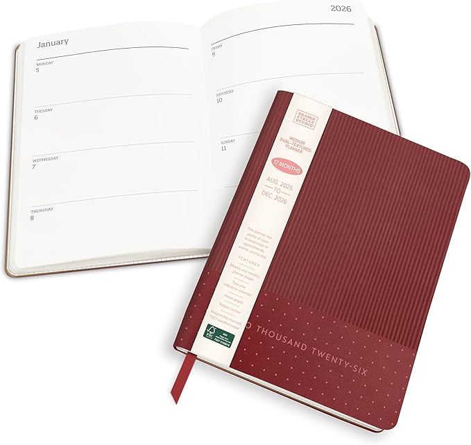 Orange Circle Studio 2026 Planner, Dots on Burgundy, 7.72" x 5.67", Medium Dual-Textured, August 2025 to December 2026, Monthly Planner, Dual-Surface Vegan Leather, Ribbon Markers