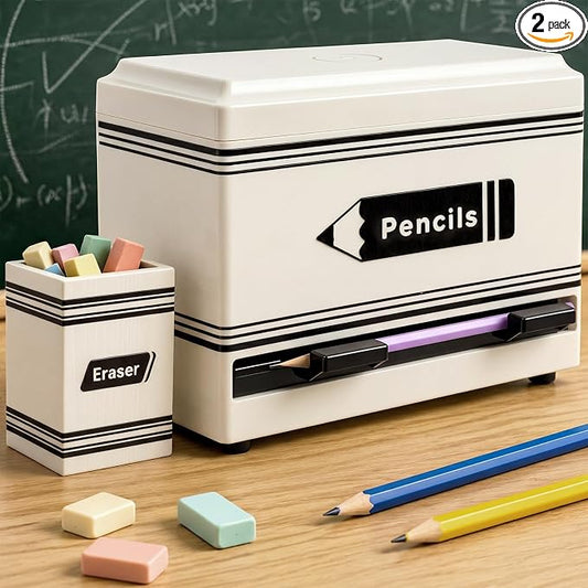 Gueevin 2pcs Pencil Dispenser for Classroom, Fun Desk Organizer with Eraser Holder, Interactive Pencil Storage for Teachers, Students & Homeschool Desk Organizer, Back to School Supplies(White)