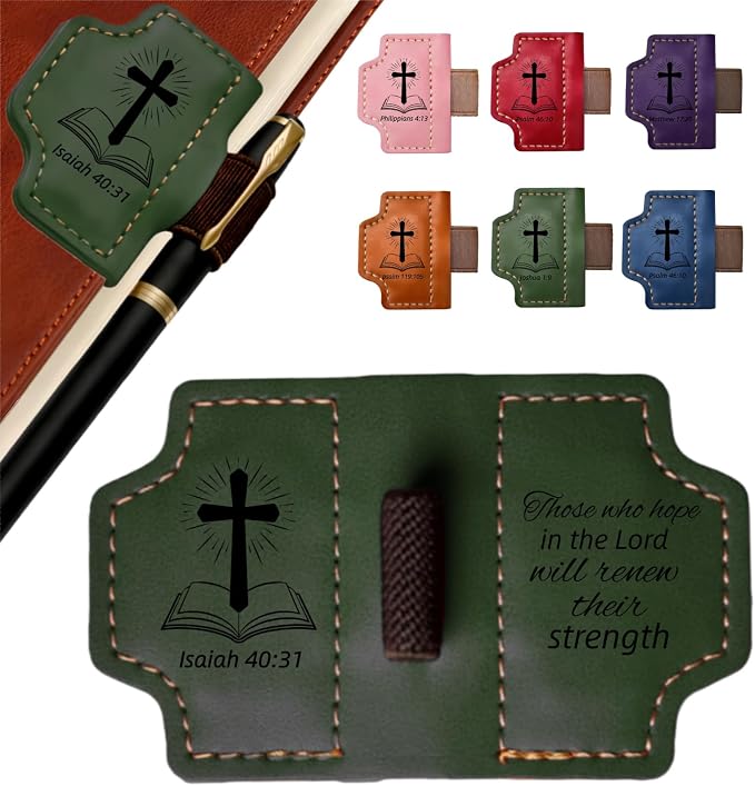MOTEERLLU Bygone Mark Personalized Magnetic Leather Bookmark Pen Holder, Christian Gifts, Inspirational Bible Book Marks for Reading Women, Men, Teachers, Book Lover(Green Isaiah 40:31)