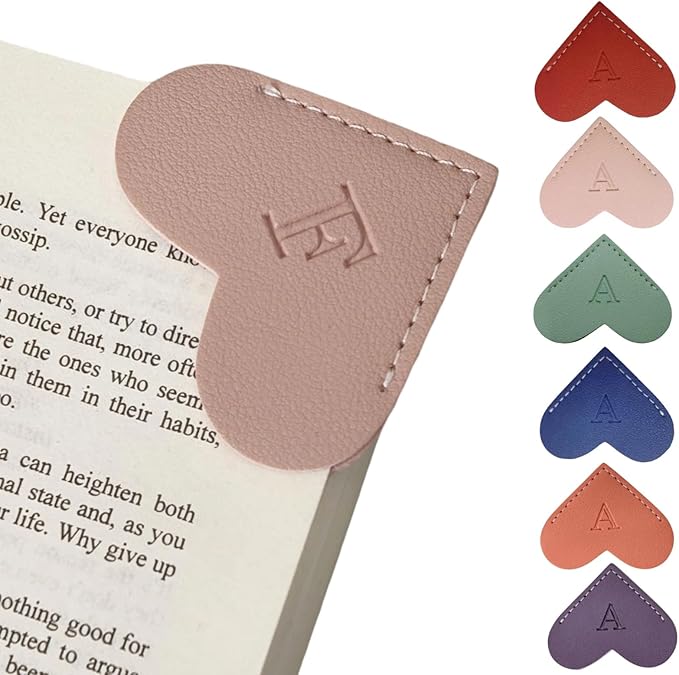 Personalized Leather Heart Bookmarks with Initials, 26 Letters Custom Corner Book Mark for Reading Women,Teacher, Student, Book Lovers Book Marker, Meaningful Gifts (Red+Pink,F)