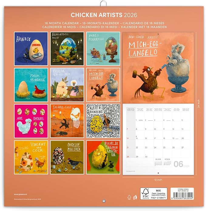 Calendar 2025-2026 Chicken Artists Wall Planner, Funny Farmyard Organizer, 16-Month Hanging Schedule Sep 2025–Dec 2026, 12x12 in