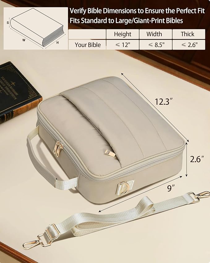Bible Cover Case for Women, Large Quilted Puffer Bible Bag with Shoulder Strap, Womens Book Carrying Case for Church, Cute Bible Carrier Study Supplies Gifts for Christian Lady, Sand Beige