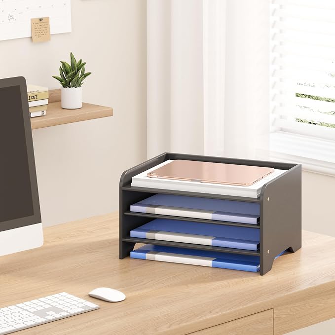 Desk File Organizer 4-Tier Desktop Paper Mail Organizer Document Holder for Home Office Supplies, Office Desk Accessories & Workspace (Black)