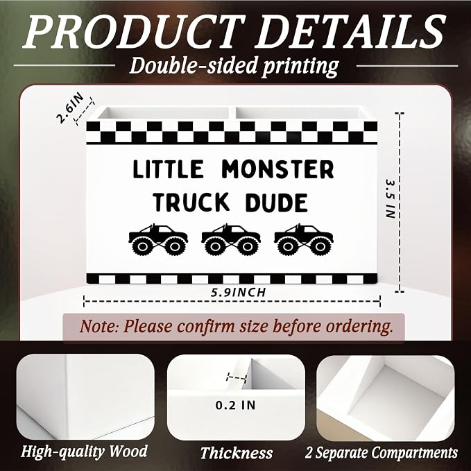 Car Kids Pen Pencil Holder for Desk, Race Car Room Decor, Monster Truck Black Checkered Wooden Box Sign Decorations for Kids Boy Nursery Room Bedroom Playroom Desk Tabletop