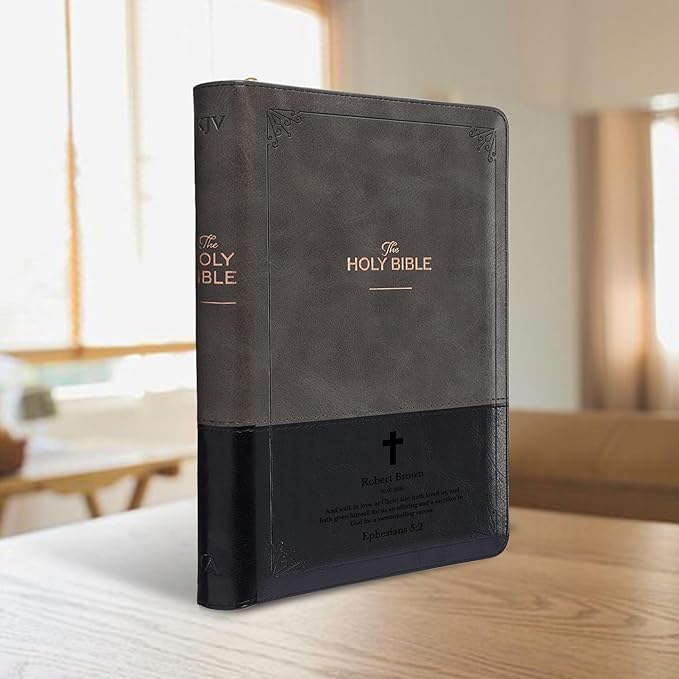 Personalized KJV Deluxe Standard Print King James Version Faux Leather Holy Bible with Thumb Index and Zippered Closure, Custom Name Includes Up to 3 Rows of Text with Red Letter Edition