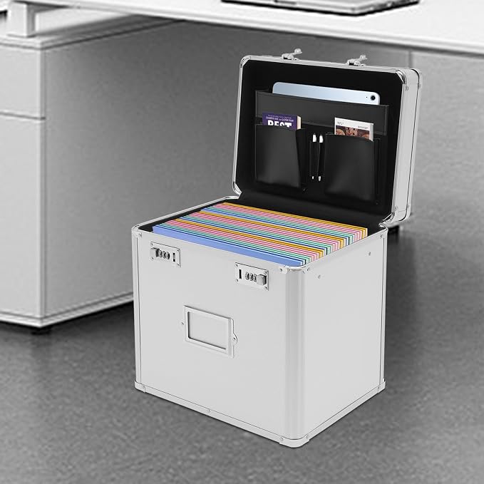 File Organizer Box, L13.8*D10*H13.4in Locking Document Storage Cabinet File Folder with Combination Locks & Handle, Portable Metal Filing Storage Box for Office Travel, Silver
