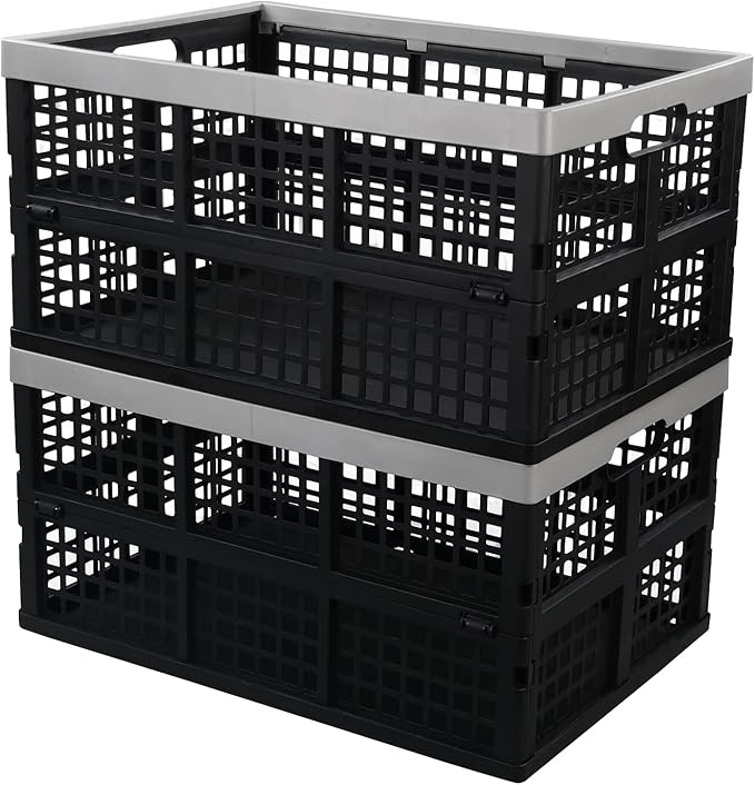 2 Pack 42 L Stackable Plastic Folding Crate, Plastic Collapsible Storage Basket, Organizer Bin for Car Trunk, Home, Office, Grocery, Clothes