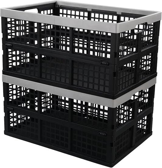 2 Pack 42 L Stackable Plastic Folding Crate, Plastic Collapsible Storage Basket, Organizer Bin for Car Trunk, Home, Office, Grocery, Clothes