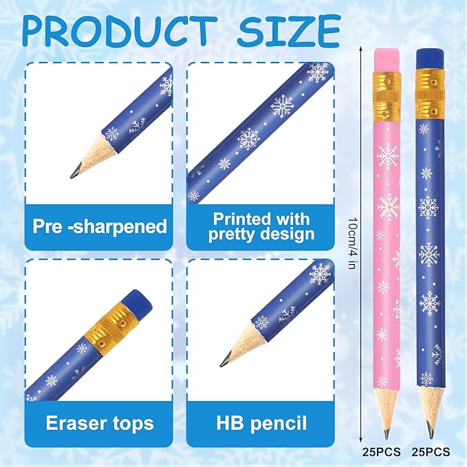 JarThenaAMCS 50Pcs Winter Short Pencil with Eraser 4 in Pink Blue Snowflake Writing Pencil Wood Christmas Half Pencil for Classroom Office Stationery Gift