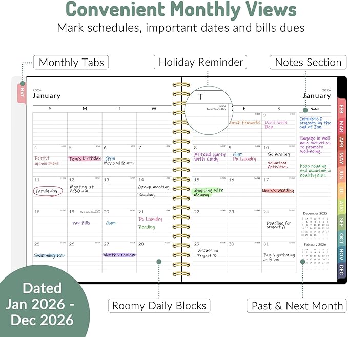 2026 Planner, Forvencer Calendar Planner Weekly and Monthly (Jan 2026-Dec 2026), 8.5" X 11", Agenda Book, Daily Journal Notebook with Tabs, Flexible Cover, Home School Organizer, A4, Pink