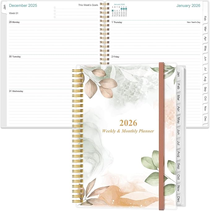 2026 Planner - Planner 2026 from January 2026 to December 2026 with 12 Monthly Tabs, Flexible Cover, Inner Pocket, 8.5" x 11", Rose Leaf