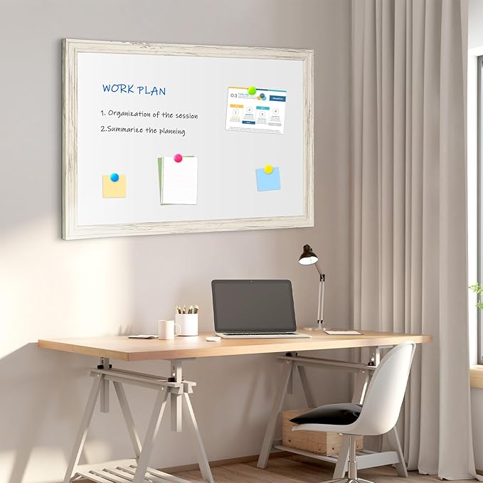 4 THOUGHT Dry Erase Board, 24 x 18 in Magnetic Whiteboard White Vintage Wood Frame Decorative White Board Wall-Mounted Notice Board for School, Office, Home, 8 Magnets 4 Markers 1 Eraser