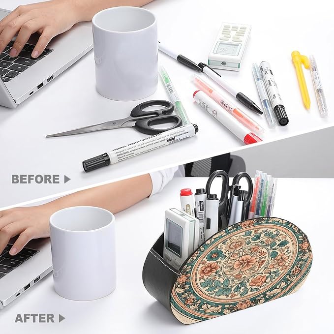Remote Control Holder,Circular Pattern Printed PU Leather Remote Caddy Desktop Organizer with 5 Compartments for Media Accessories & Office Supplies Storage