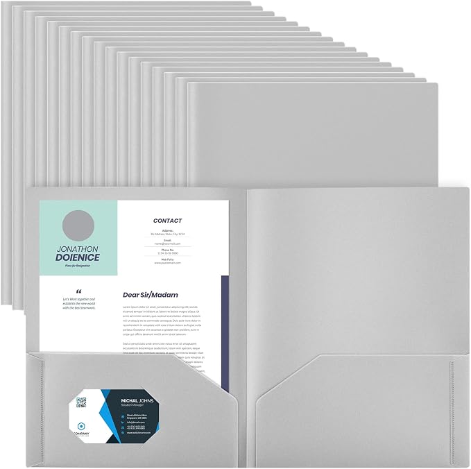 Gueevin 72 Pack Plastic Folder with Pockets, 2 Pocket Folders, Plastic Glossy Folders Fit Letter Size Paper, Heavy Duty Durable File Folder with Business Card for Home Office School (Light Grey)