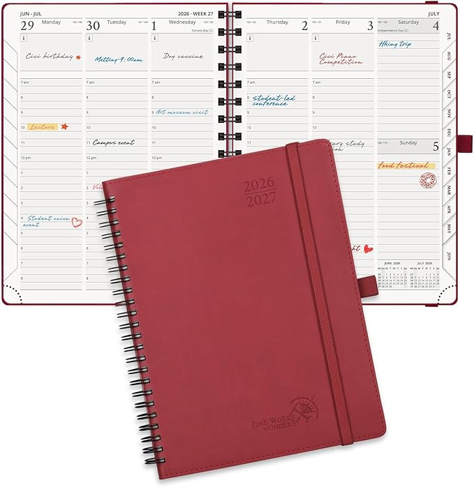 POPRUN Planner 2026-2027 (Medium - 6.5'' x 8.5'') Academic Weekly Calendar (July 2026 - June 2027) with Hourly Time Slots, Monthly Tabs, 100GSM Thick Papers, Spiral Leather Cover - Burgundy