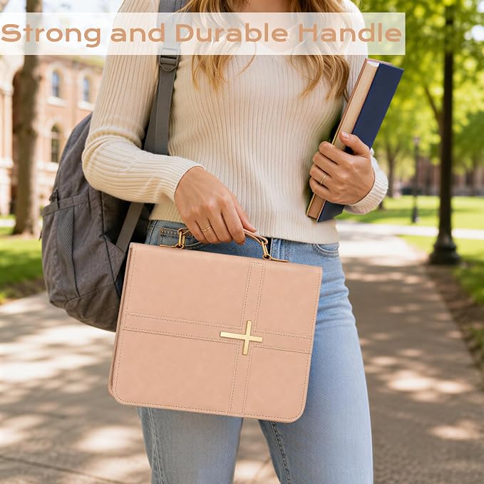 XKDOUS Bible Cover Case Leather Book Carrying Case Large Bible Bag Organizer with Cross, Handle, Pens, Tabs, Study Supplies Journaling Kit Father Day Christian Gifts for Dad, Mom, Men, Women