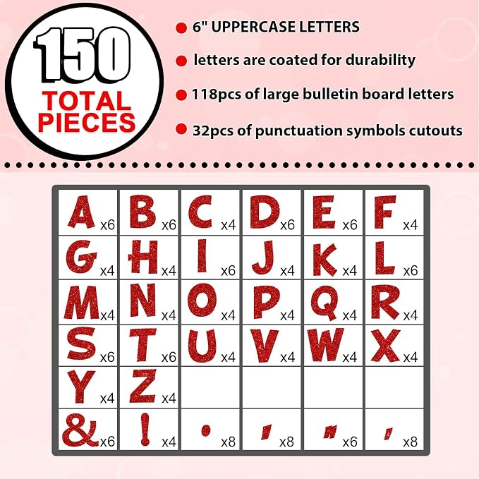 150 PCS Large 6" Bulletin Board Letters Set, Glitter Red Classroom Alphabet Cutout Letter for Bulletin Board Display Home School, A Great Helper to Inspire Students' Learning Interest