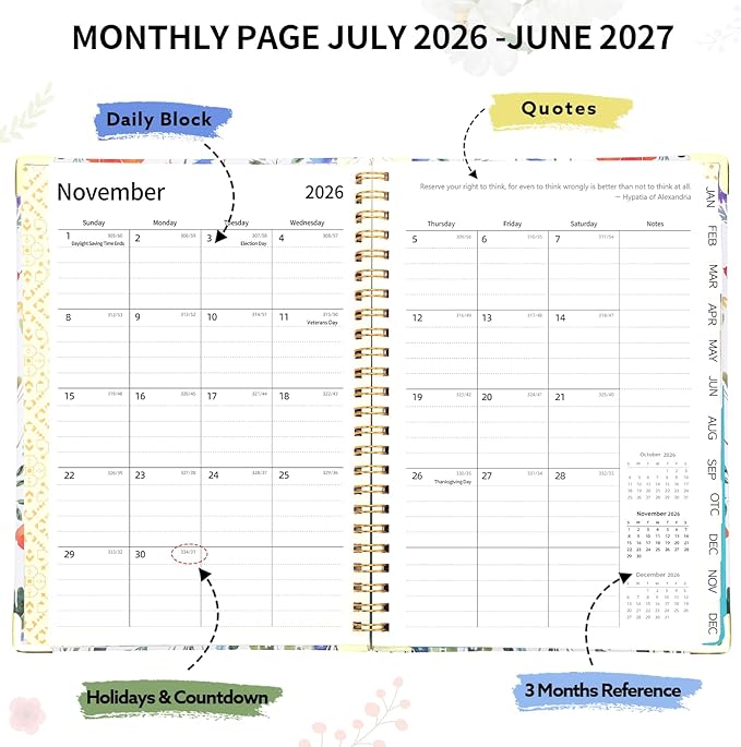 2026-2027 Planner, Weekly and Monthly Planner, July 2026-June 2027, Calendar Planner A5 (6.1" x 8.4") with Tabs, Inner Pocket for Home School Office Supplies, Red Flower