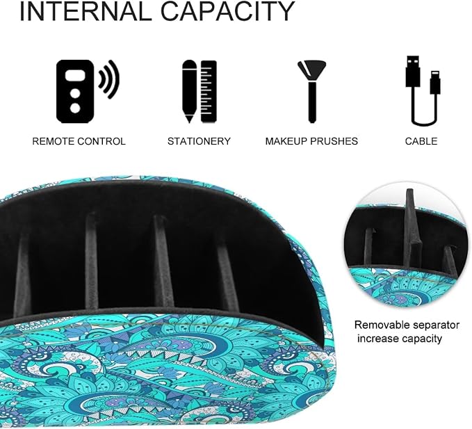 Floral Print Remote Control Holder with 5 Compartments, PU Leather Office Desk Organizers - Couch/TV Cabinet/Bedside Table Accessory - Space Saving Desktop Caddy