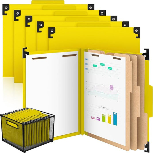 Henoyso 10 Pcs Hanging Classification File Folders, Letter Size Yellow Folders with 3 Pressboard Dividers, 8 Fasteners, 4 Inch Expansion, 1/3-cut Top Tab for Medical Records and File Cabinet Organizer