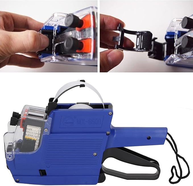10 Digits 2 Line Price Tag Guns Labeller Marker Attacher Tool Kit Included 1pc 2 Row Price Tag Guns 1pc Ink Wheel for Office Retail Store MX 6600 Model Red Yellow Blue (Blue)