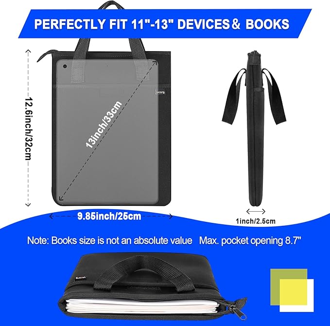 Likesing Book Sleeve for Book Lovers, 12.2" x9.8" Waterproof Book Pouch with Front Pocket, Black Neoprene Book Cover with Zipper for Pad Paperbacks Textbooks Bible Book Club Gifts