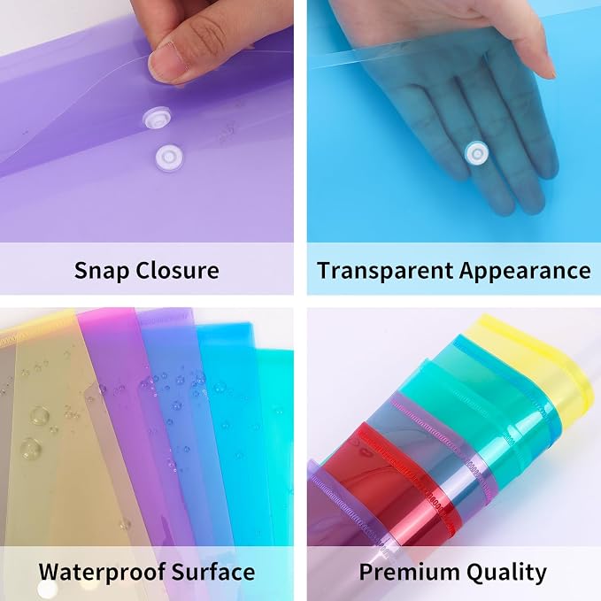 EOOUT 14pcs Plastic Envelopes, Plastic Folders for Documents, Poly Folders with Snap Closure, A4 Size, Letter Size, for School and Office Supplies