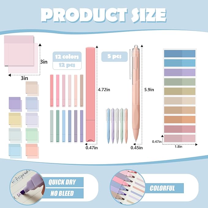 Jutom 39 Pcs Aesthetic Book Annotation Kit Highlighter with Pencil Case Bag Gel Pen Transparent Sticky Note Taking Bible Study College School Supplies(Purple,Cute Style)