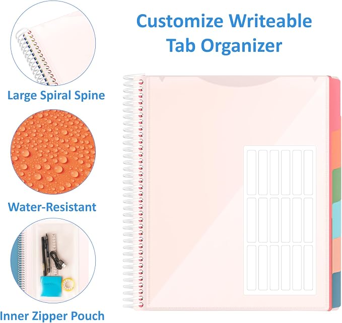 12 Pocket Project Organizer, 6 Color Letter Size Spiral Multi Pocket Folder Organizer, 1/6-cut Tab Poly File Organizer Binder with Dividers,Multi-Subject Notebook Binder School Office Supplies
