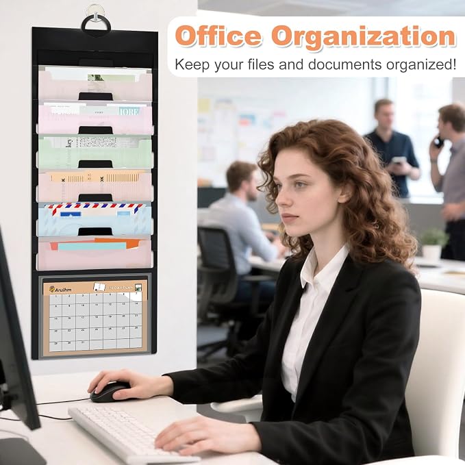 Wall File Organizer 6 Pocket, Hanging Wall File Organiser for Classrooms and Offices, 6 Removable File Folders Classrom Organization and Storage Black