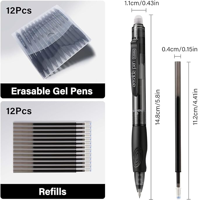 EUSOAR Black Erasable Pens, Pack of 12 Black Ink Clicker Pen + 12 Refills, Fine Point (0.5mm) Gel Erasable Pens Smooth Writing for Sketching Note Taking Planner Crossword Puzzles