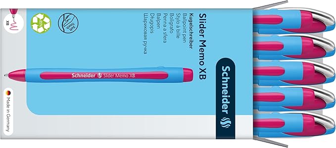 Schneider Slider Memo XB (Extra Broad) Ballpoint Pen, 1.4 mm, Light Blue Barrel, Pink Ink, Box of 10 Pens (150209)