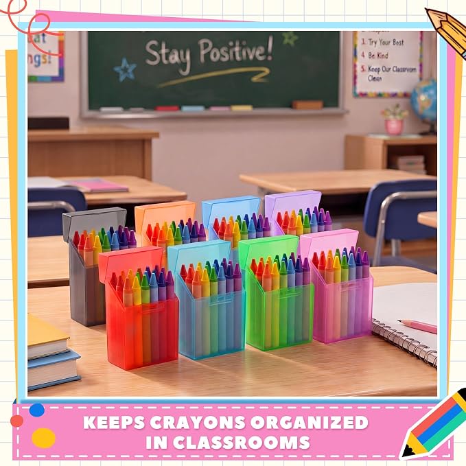 Clabby 16 Pcs Plastic Crayon Organizer Case for 24 Count Crayons Kids Art Supply Storage Box with Lid, Portable Holder for Classroom Home Travel, Fits Standard 24-Pack Crayon (Colorful)
