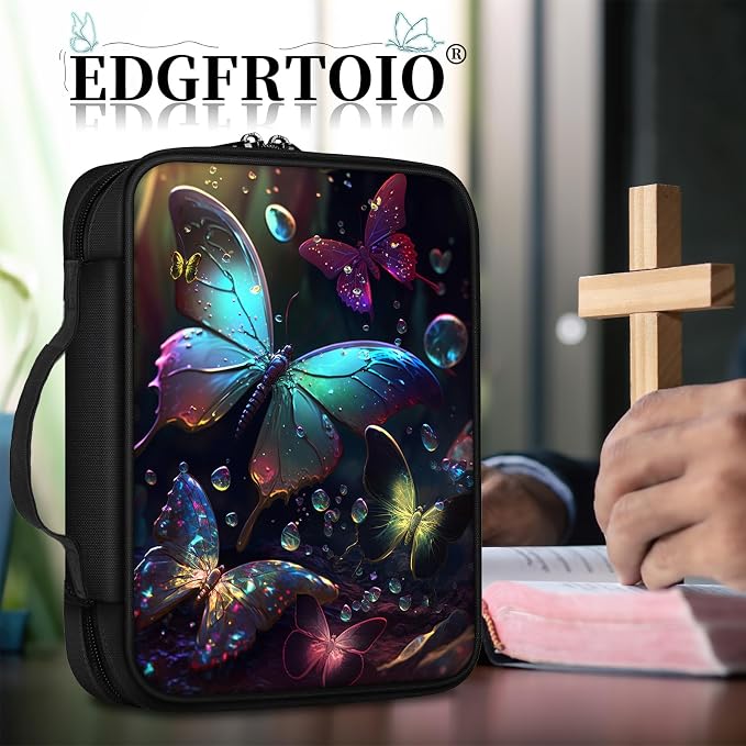 Bible Cover, Neon Butterflies Bible Case with Handle and Zippered Pocket Standard Size Holy Bible Bag Women Gifts, Church Bag Portable Bible Carrying Book Case for Bible Study