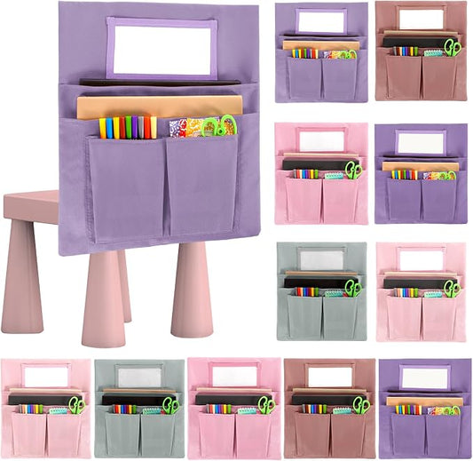 gisgfim 12 Pcs Small Chair Pockets for Classroom 13 x 14 Inch Bag with Name Tag Multi Pockets Chairsback Pouch Organizer for Student Kindergarten Elementary Daycare (Pastel Pink)