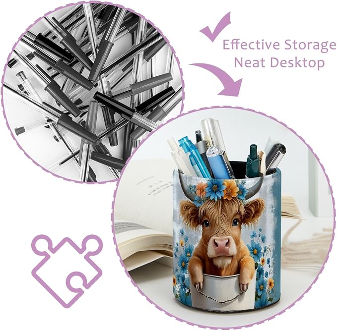 Highland Cow Floral Rustic Pen Holder Pencil Organizer Cute Pencil Cup Desk Decor Makeup Brush Holder PU Multifunctional Office Supplies for Home Classroom School